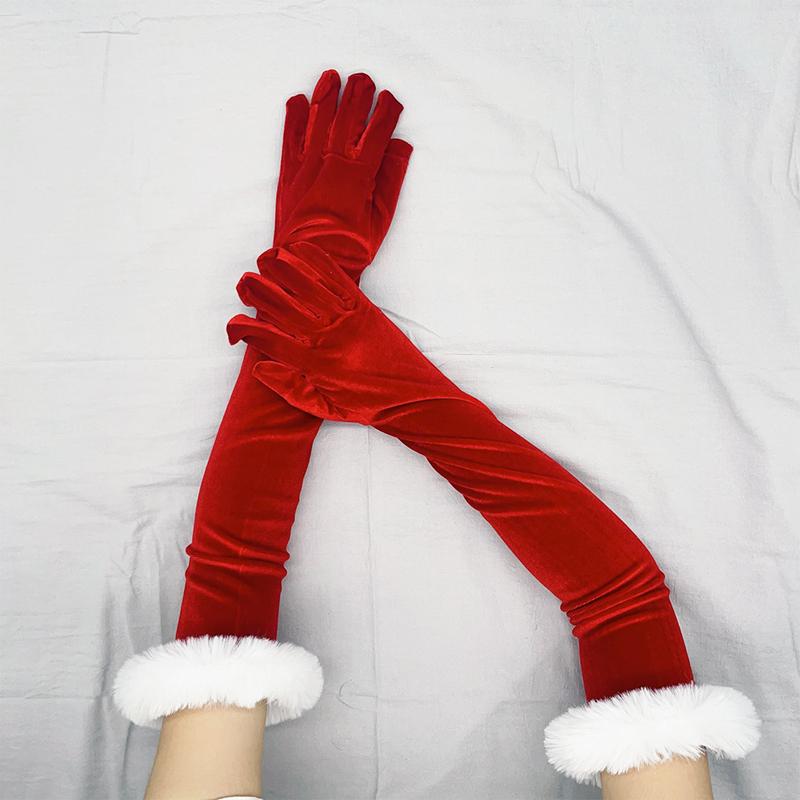 Women Long Christmas Costume Gloves Stretch Velvet Hallowmas Gloves Cosplay Party Performance Accessories Gloves