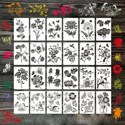 24 Stück Malvorlagen Blume Vogel Schablonen Kinder Kunst Zeichenschablonen Party Dekoration für DIY Zeichen Basteln Backen