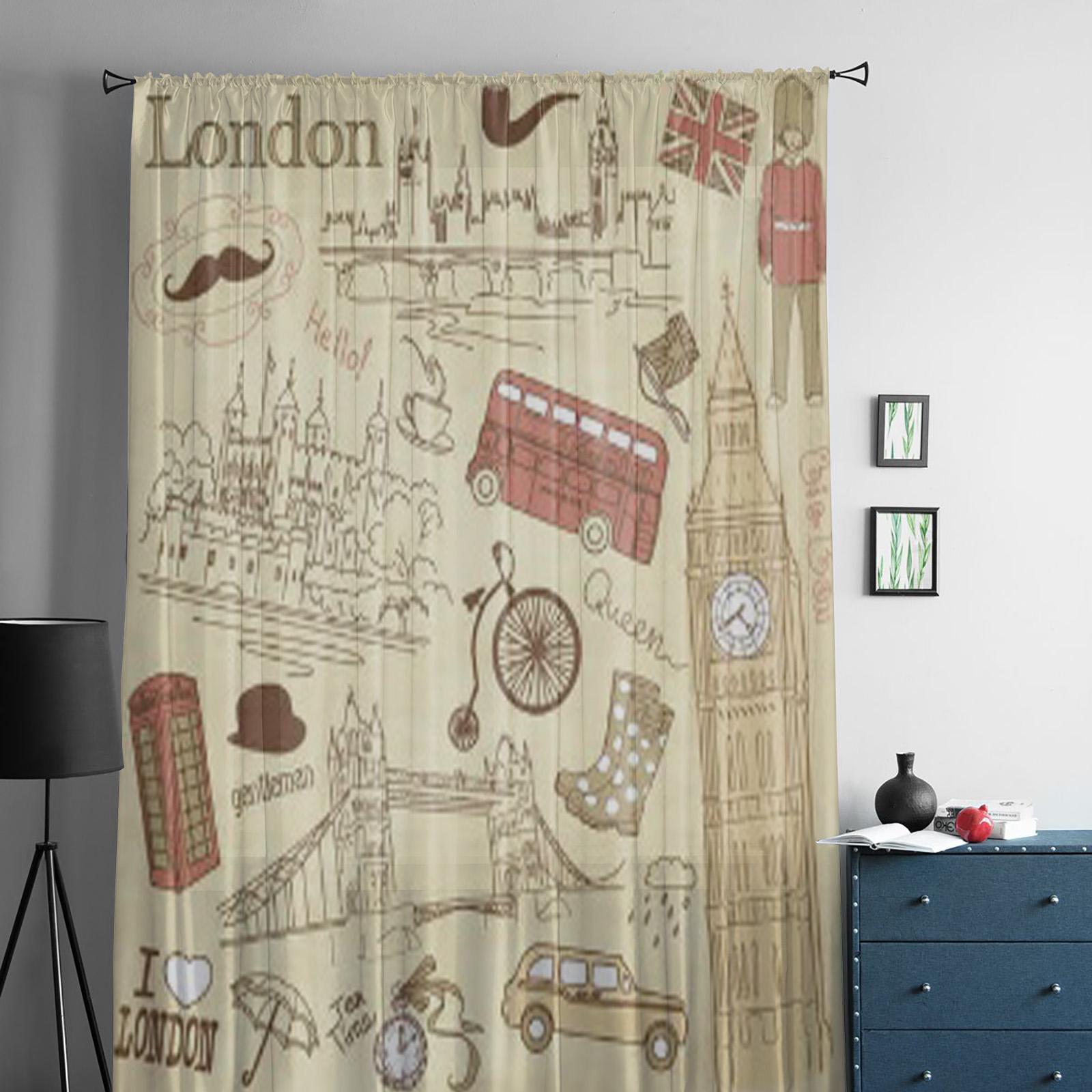 Винтажные прозрачные шторы с лондонскими рисунками для гостиной — фото 3