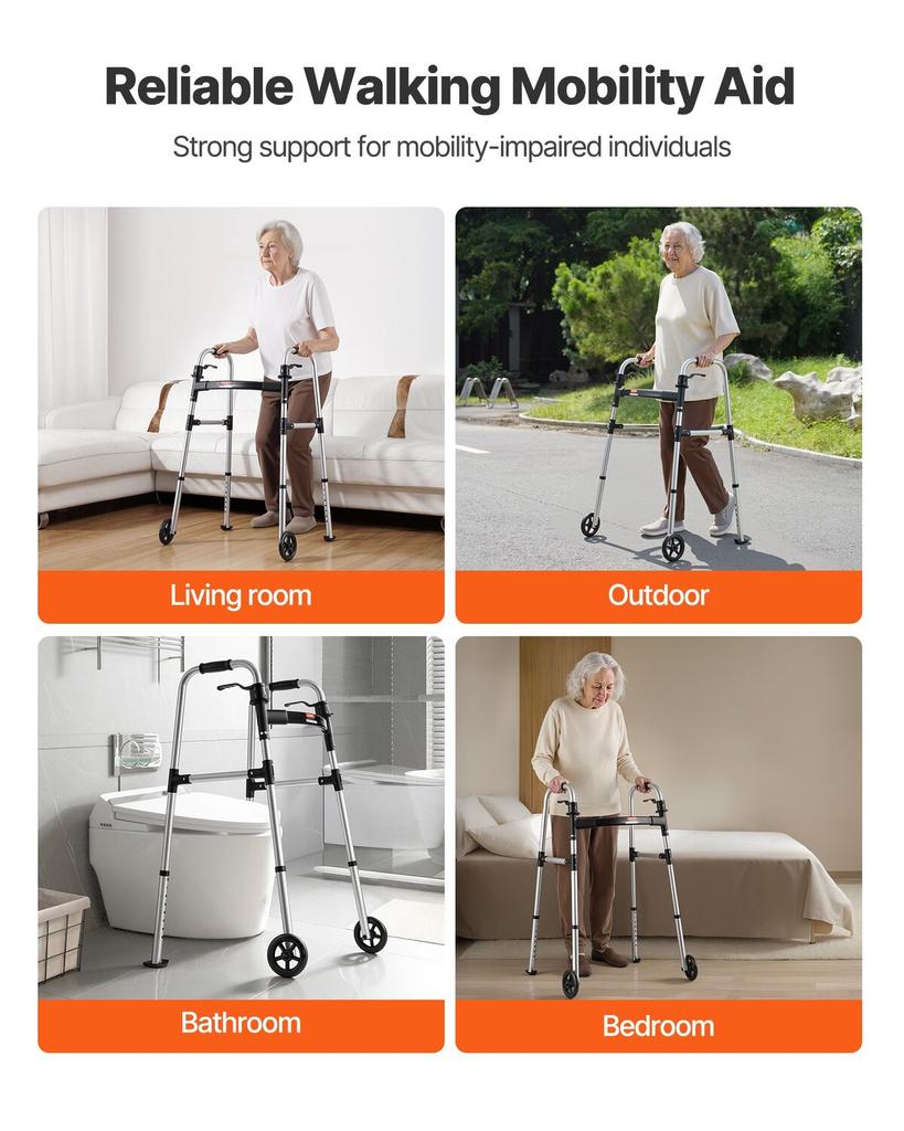 Folding Walker, 2-Button Foldable Walker with Solid Wheels & 8-Level Adjustable Height, 159KG Loading Lightweight Aluminum Mobility Walking Aid,