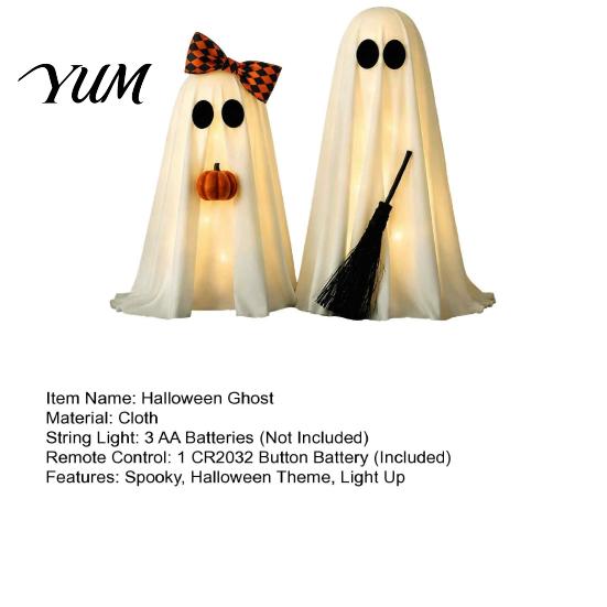 Rustic Plaid Bow Decor 2 Pcs Spooky Ghost Halloween Decoration, Cute Standing with Broom Farmhouse Tabletop Ornaments And Pumpkin for Indoor