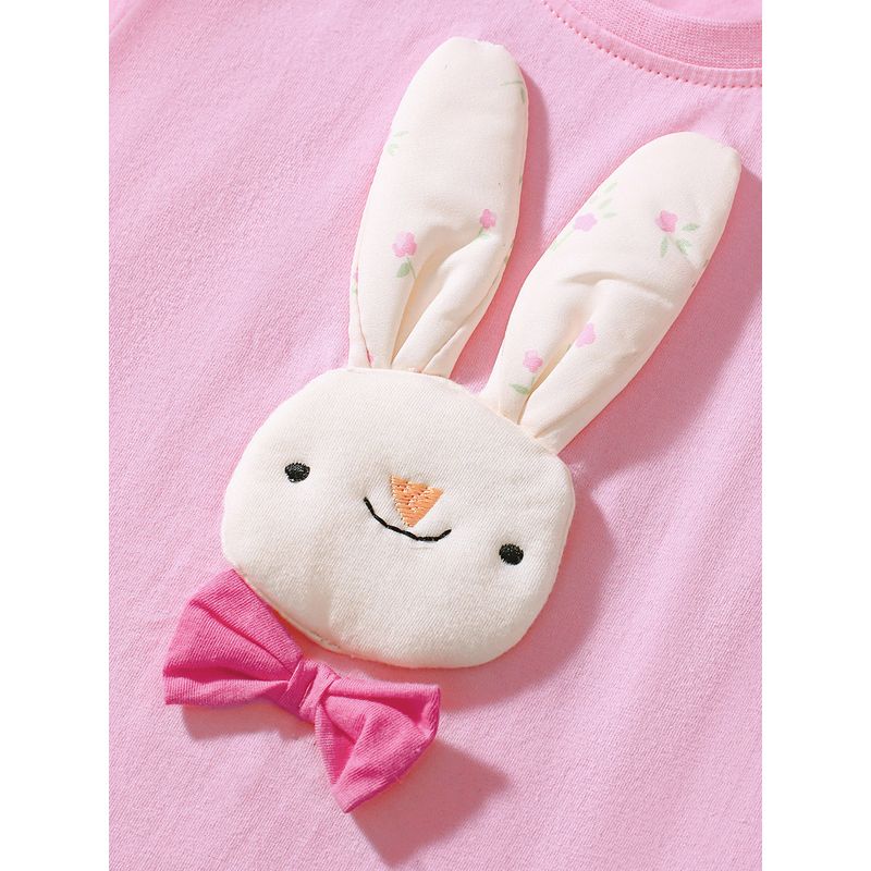 Girl Wooden Ear Pink Stereo Rabbit Short-Sleeved T-shirt Shorts Two-piece Set Baby Pure Cotton Summer Dress Kids Suit 6