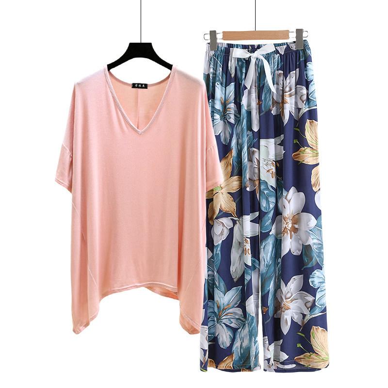irregular Tshirt and floral wide leg pants summer women's casual pajamas sets Short sleeve homewear suit Loose lightweight Loungwear Plus size