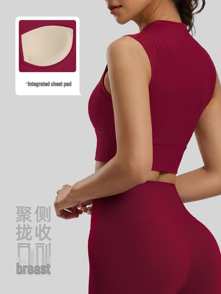 Juyitang 2026 High Neck Sports Vest - Double-Sided Brocade, Shockproof, High Elasticity, Fixed Cup Yoga Bra