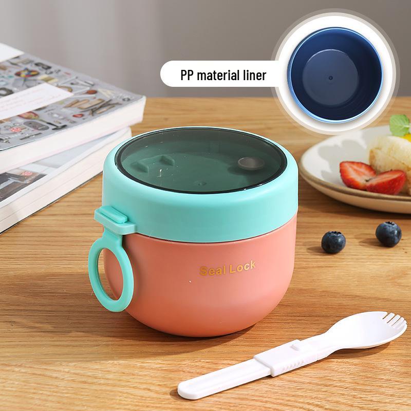 304 Stainless Steel Insulated Breakfast Cup with Lid & Spoon - Large Capacity for Porridge, Oatmeal, Milk; Portable for Students & Office Workers
