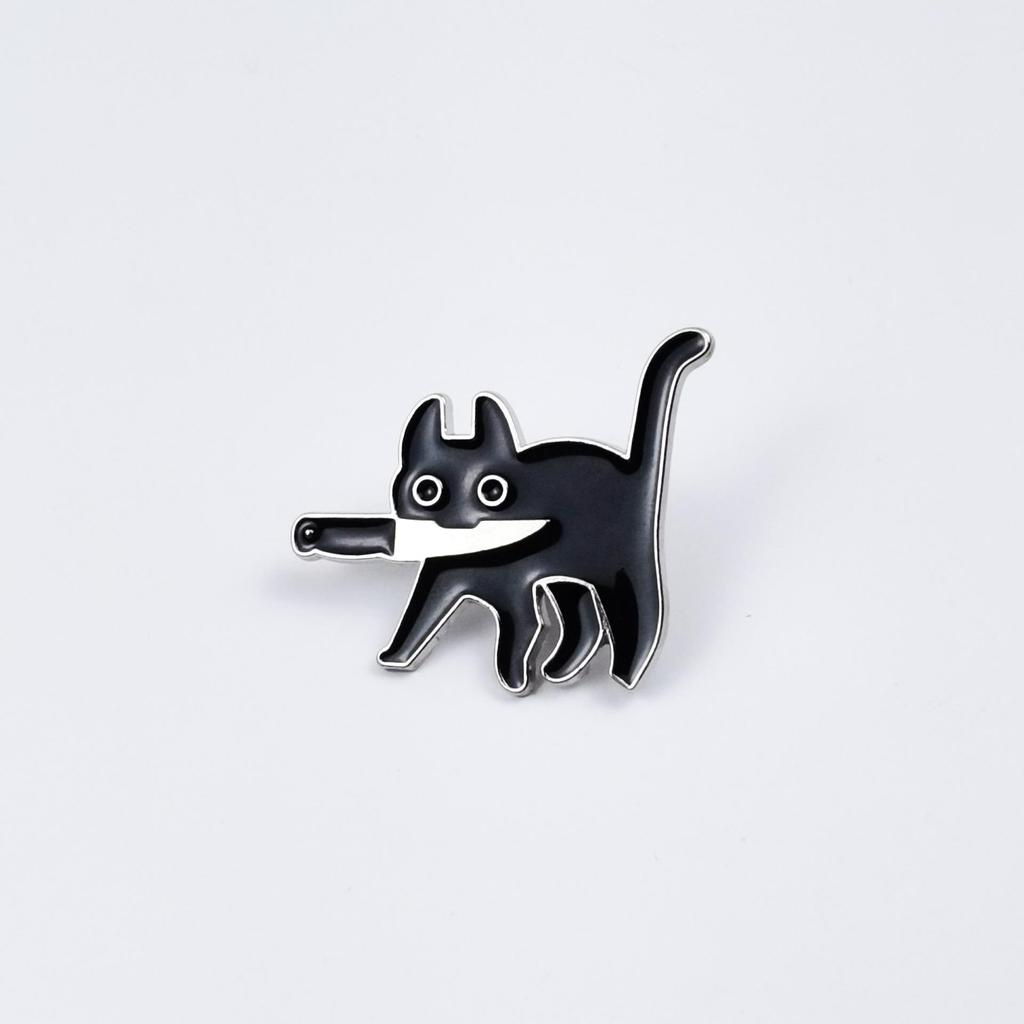 Black Cat Cartoon Knife Brooch with English Letter Design - Creative Fashion Bag Accessory Badge