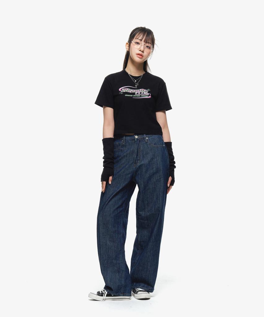 MOZMOZ Y2K Logo Semi-Crop Short Sleeve T-Shirt Black
