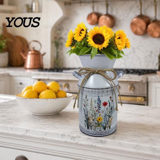 Rose Display Bucket Vintage Iron Flower Bucket, Rustic White Double-Handle Metal Vase with Floral Print & Jute Artificial Bow, Farmhouse