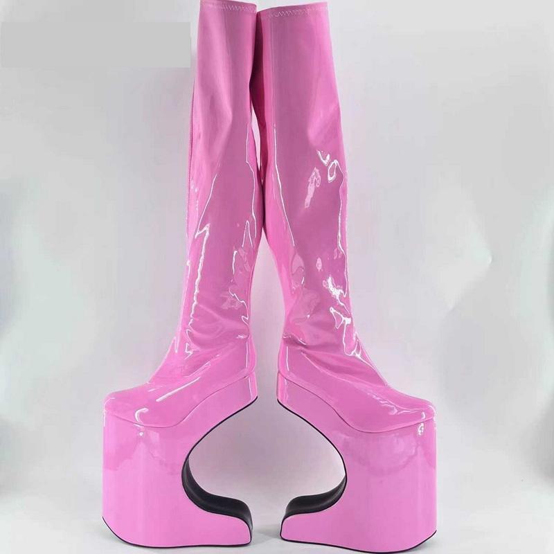 FHC 30CM Bent Heel.Women Knee High Boots,Men Fetish Bed Cosplay Shoes.Platforms Long Botas.Round Toe,Pink,Red,Custom Colors
