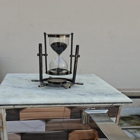 Brass Hourglass Sand Timer Hanging Nautical Timer with Compass Wheel Base