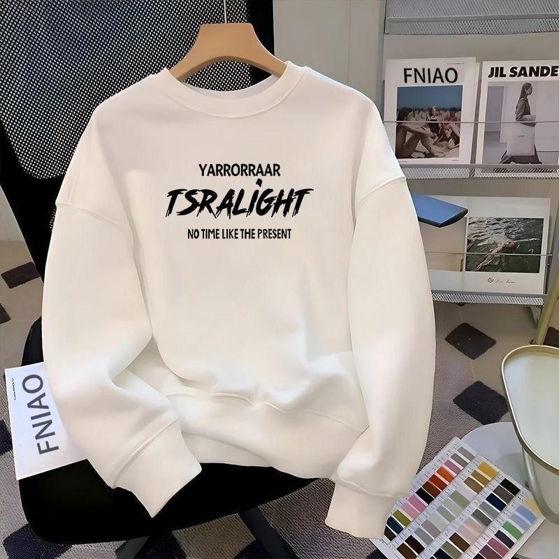Mens Heavyweight Cotton Crew Neck Long Sleeve Loose Fashion Hoodless Sweatshirt M белый