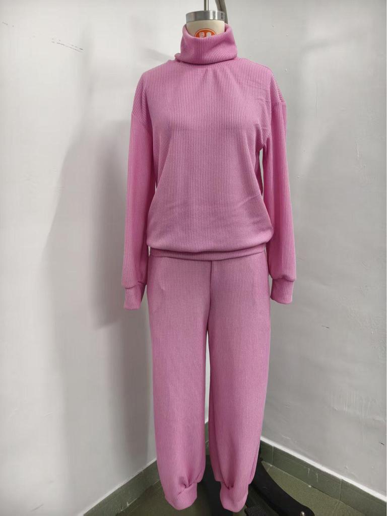 2025 Autumn/Winter Women's Casual Knit Set: High Neck Top & Wide Leg Pants
