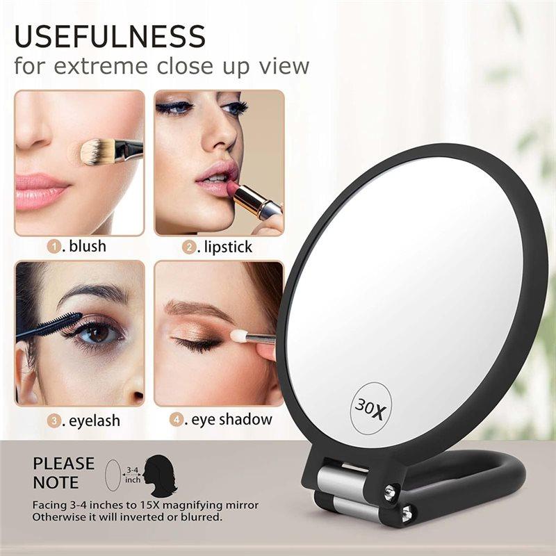 ABWR-Travel Hand Mirror 30X Makeup Magnifying Mirror With Handle Double-Sided Handheld Mirror With Adjustable Stand
