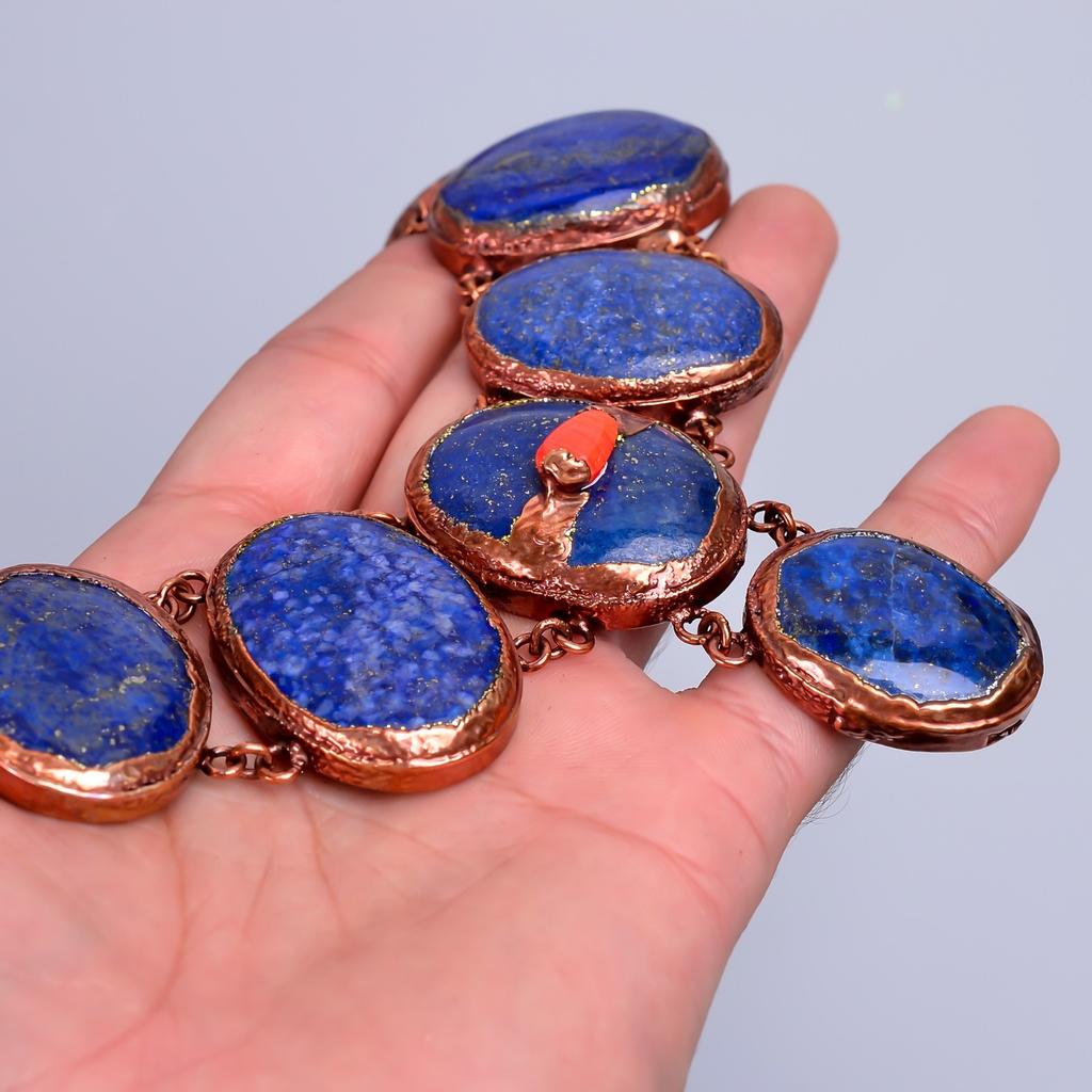 Oval Natural Lapis Lazuli Copper Unique Electroformed New Chain Necklace Jewelry V-82