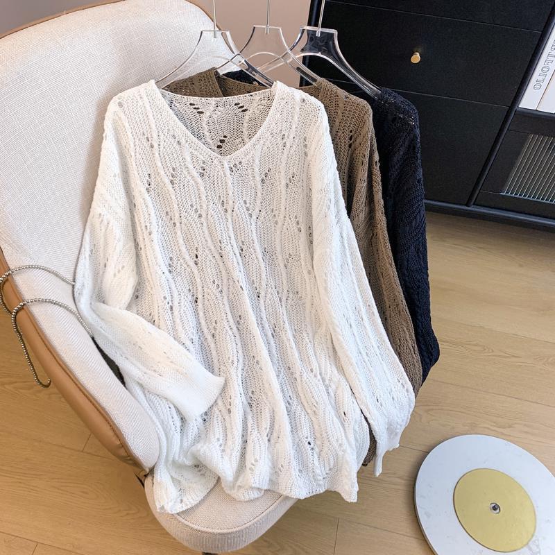 V-neck Hollowed Out Sunscreen Knitted Sweater for Women Thin Design for Spring and Summer Plus Size Knitted Top S