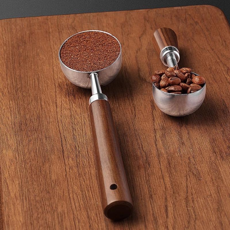 Accurate Measuring Spoon for Coffee Bean Features Comfortable Walnuts Wood Handle and Stainless Steel Construction