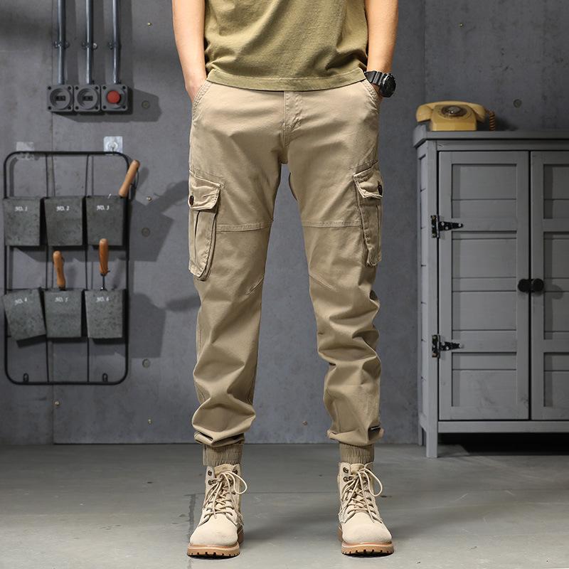 Men's new outdoor American fashion retro tied feet multi-pocket overalls versatile elastic