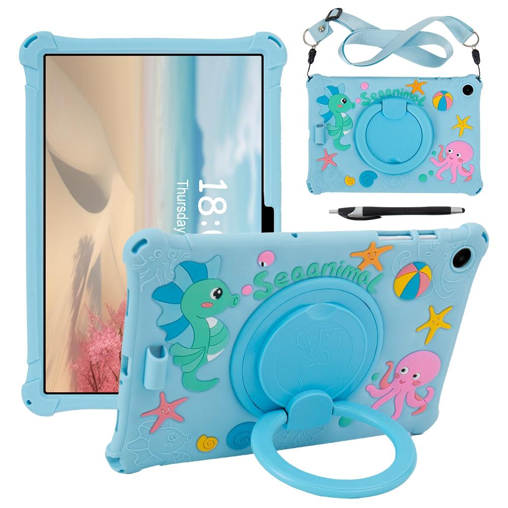 For Samsung Galaxy Tab A9+ X216 Case Rotatable Kickstand Cute Cartoon Silicone Tablet Cover with Lanyard