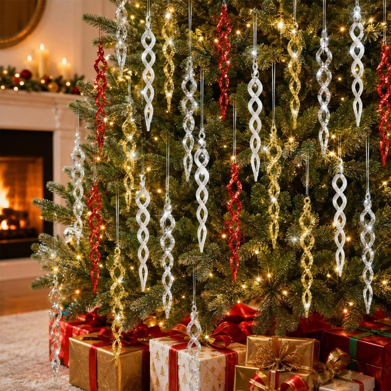 4/12PCS Glitter Twist Icicle Ornaments Christmas Tree Hanging Icicles Pendants Drop Xmas Tree Wedding Party Decoration Supply