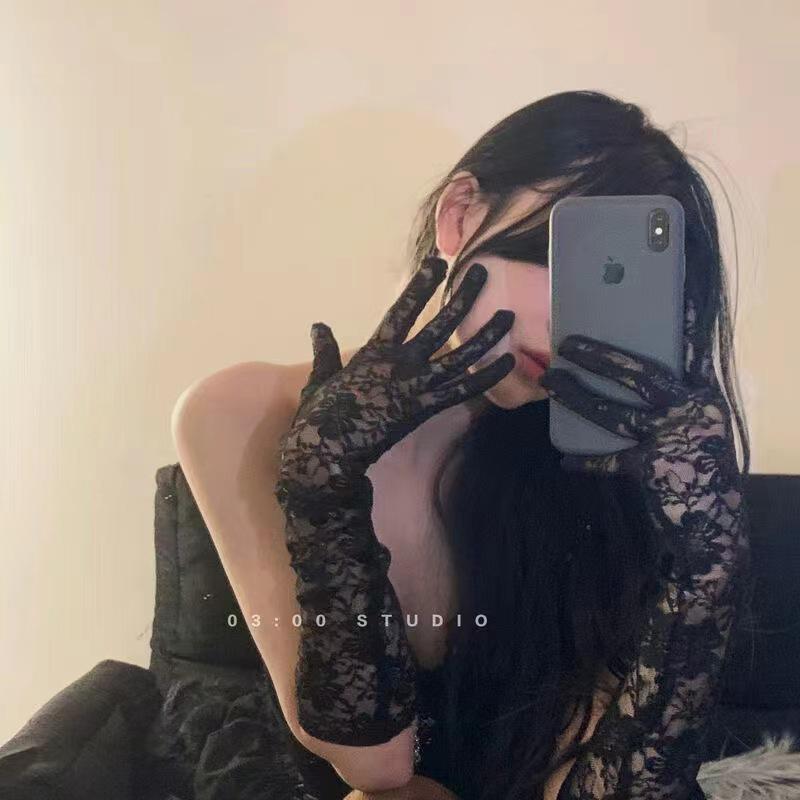 Women's Black Mesh Lace Bridal Gloves & Arm Sleeves - Elegant Evening Dress and Wedding Accessories