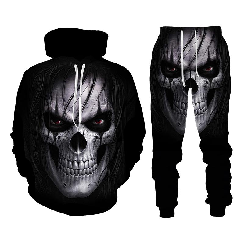 Vintage Gothic Skull Pattern 3D Print Men Tracksuit Sets Casual Hoodie+Pants 2pcs Sets Oversized Sweatshirt Trend Men Clothing