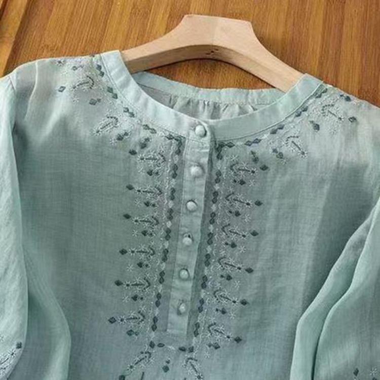 Embroidery Flower Pattern Women Shirt Retro Style Round Neck Pullover Tops 3 4 Sleeve Summer Casual Blouse
