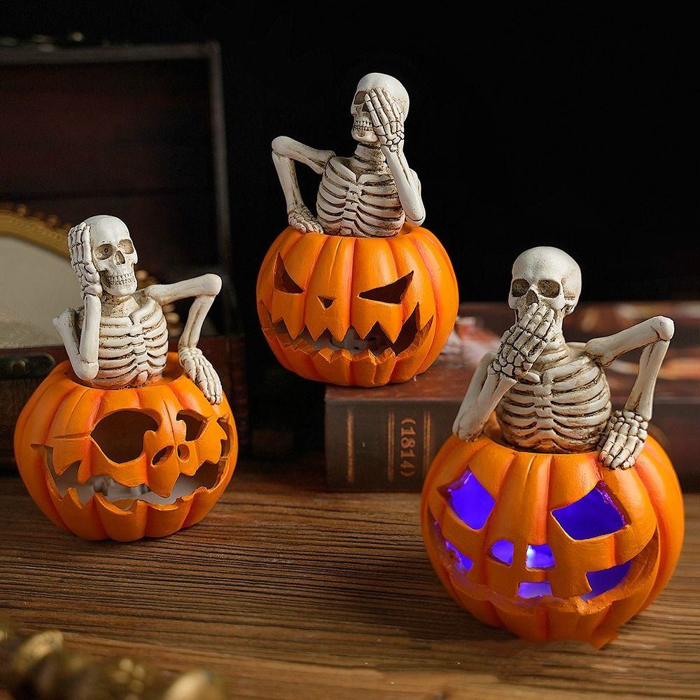 Creative Halloween Skeleton Figurine Resin Craft Glowing Design Ghost Festival Decoration Battery Operated Spooky