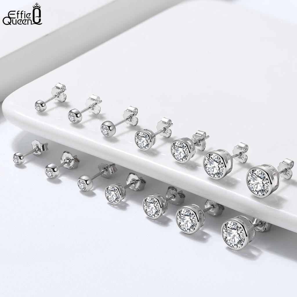Effie Queen 100% S925 Silber Rhodiumbeschichtet Runde Zirkonia Ohrstecker Einfacher Schmuck für Damen, Mädchen Hochzeitsfeier Geschenk APE33