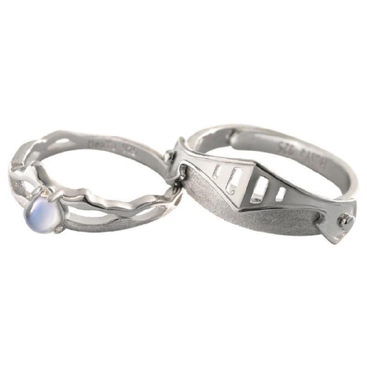 

2x Princess and Knight Matching Rings Moonstone Adjustable Open Band Couple Ring 1