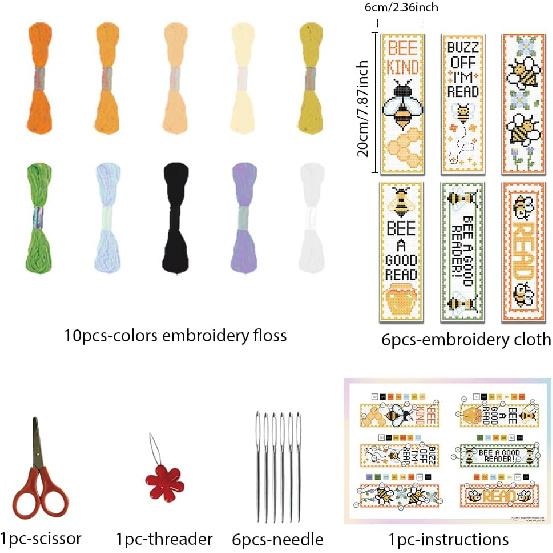 FREEBLOSS 6 Set Cross Stitch Bookmark Kits Insect Pattern Bookmark Cross Stitch Kits with Instructions Punch Needle Embroidery Kit for Beginners,