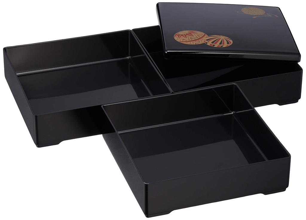 Wakaizumi Lacquerware Black Temari 3-Tiered Box, 6.5 inches, (Black Inner), H-154-2-A