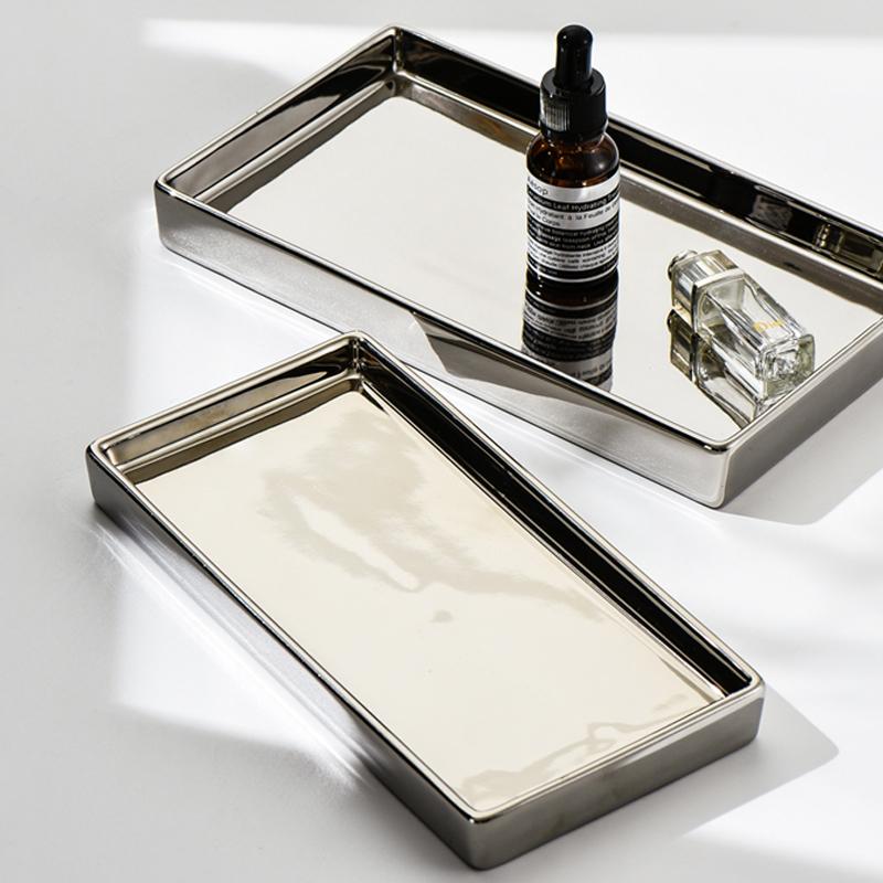 Nordic Light Luxury Electroplating Silver Ceramic Tray Rectangular Storage Tray Jewelry Tray Home Living Room Decoration Modern