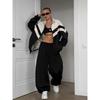 Cross-Border Outerwear Women Spring and Autumn Sports Set Personality Stripe Contrast Color Drawstring Top Loose Polyester Cotton Two-piece Set Suit