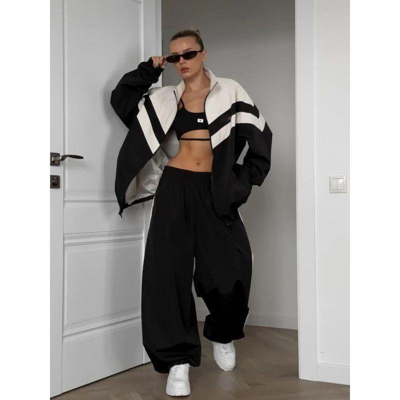 Cross-Border Outerwear Women Spring and Autumn Sports Set Personality Stripe Contrast Color Drawstring Top Loose Polyester Cotton Two-piece Set Suit