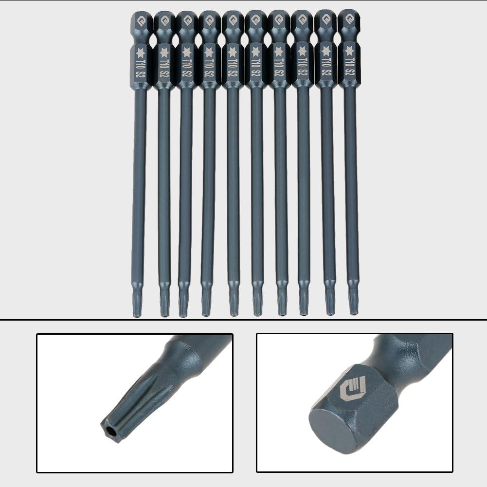 Hilitand 10pcs 100mm Long Torx Screwdriver Bits Set Alloy Steel 1/4" Hex Shank T10 Magnetic Security Star Head Screwdriver Bits (T 10)