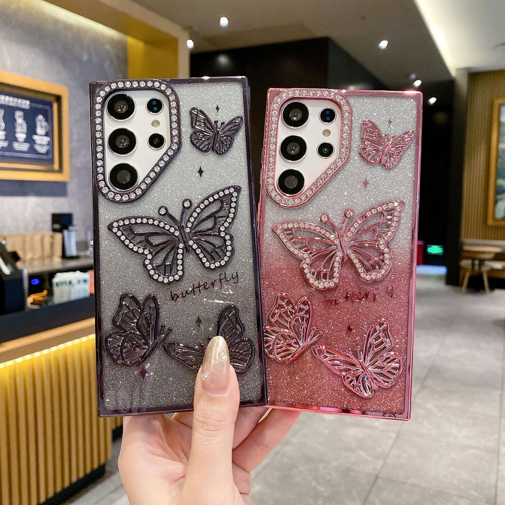 Suitable for Samsung S25 Ultra Mobile Phone Case Electroplated Flash Powder Rhinestone Butterfly S24 Anti Fall A26 Anti Fall Soft Case