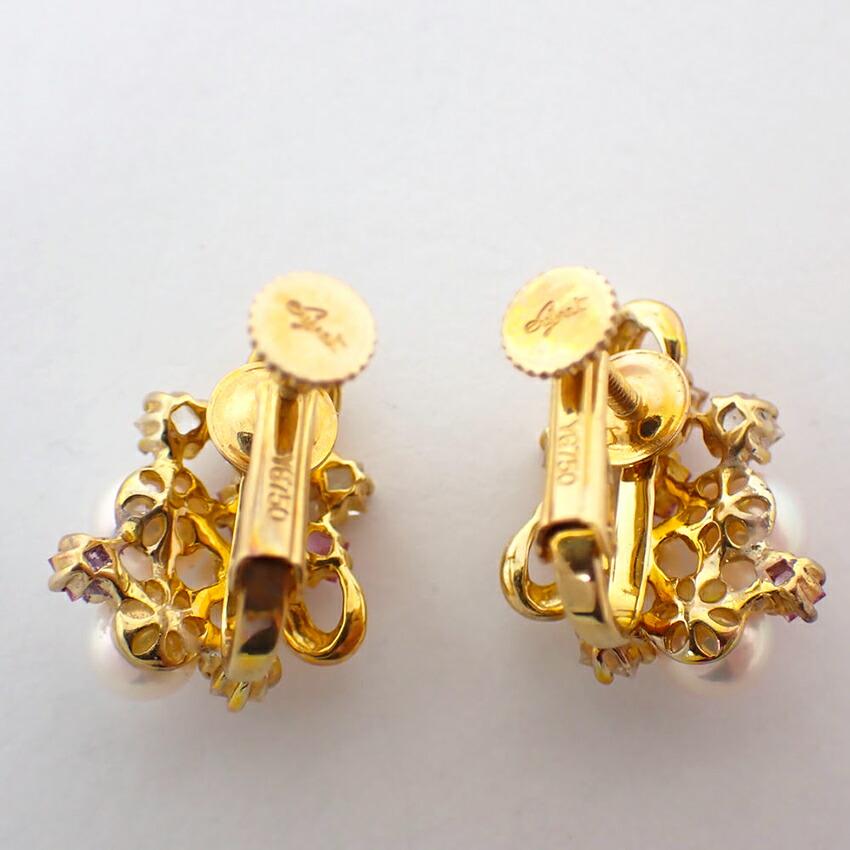 [Pre-owned] JUNET 750YG Akoya Pearl (Pink White Pearl) Pink/White Sapphire Earrings/j54-4