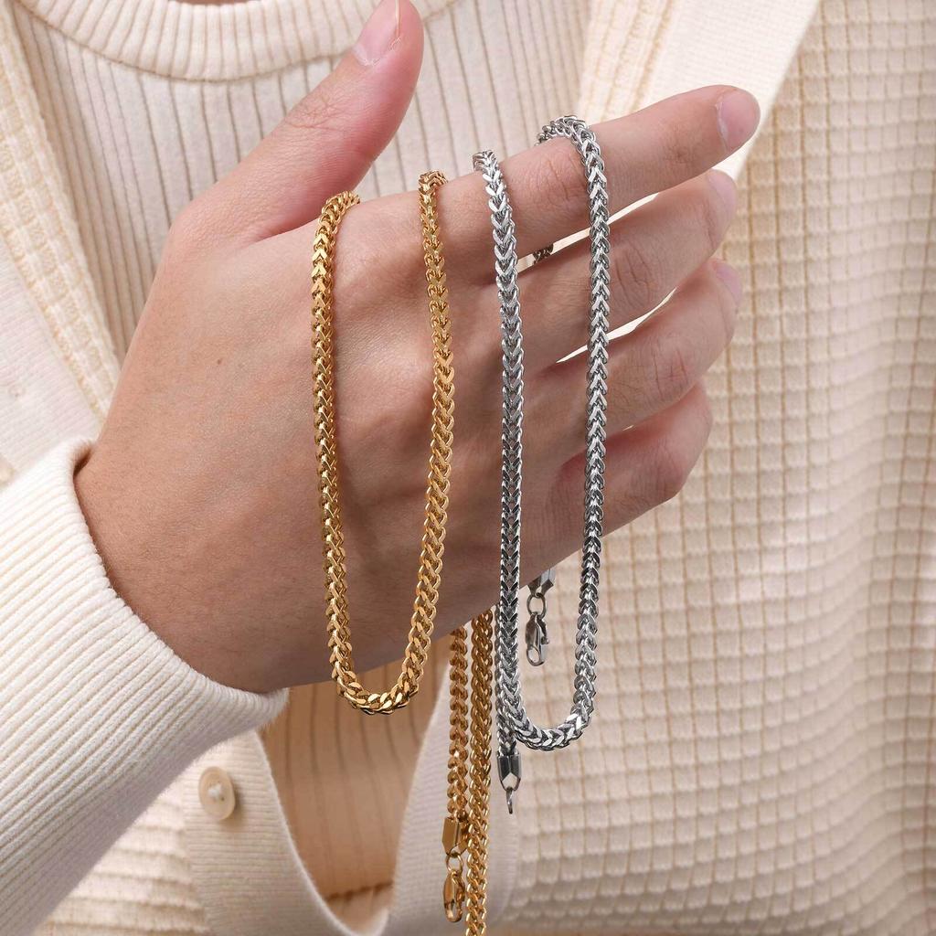 Gold Color Franco Chain Necklace for Men,3MM Wide Thick Stainless Steel Necklace Collars,Classic Trendy Zircon Gifts