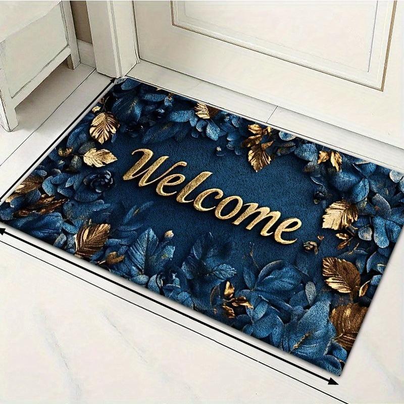 Luxuriöse, blau-goldene Fußmatte mit Blumenmuster, rutschfest, für den Innen- und Außenbereich geeignet, ideal für Eingangsbereich, Küche und Terrasse.