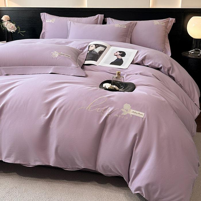 Luxury Pure Cotton Flannel Four-Piece Bedding Set: Solid Color Embroidered Bed Sheet & Duvet Cover Gift.