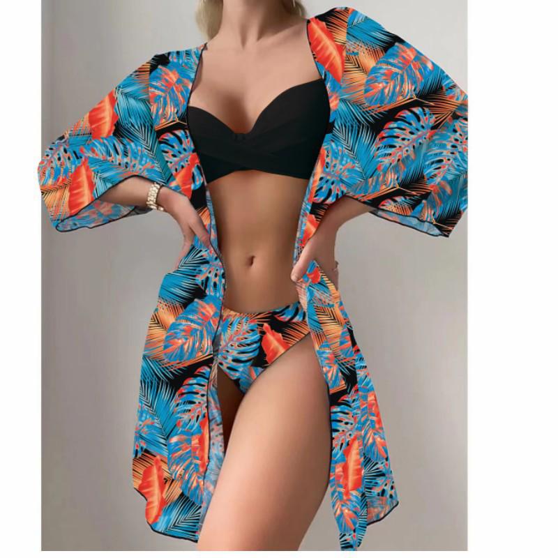 2023 European & American Women's Three-Piece Bikini Set with Cardigan, High-Waisted Bottoms, and Sunscreen Cover-Up.