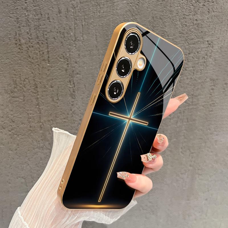 Neon Cross Pattern 2D Phone Case for Samsung S26 S25 S24 S23 S22 S21 S20 A56 A36 A16 Gold Glass Protective Cover