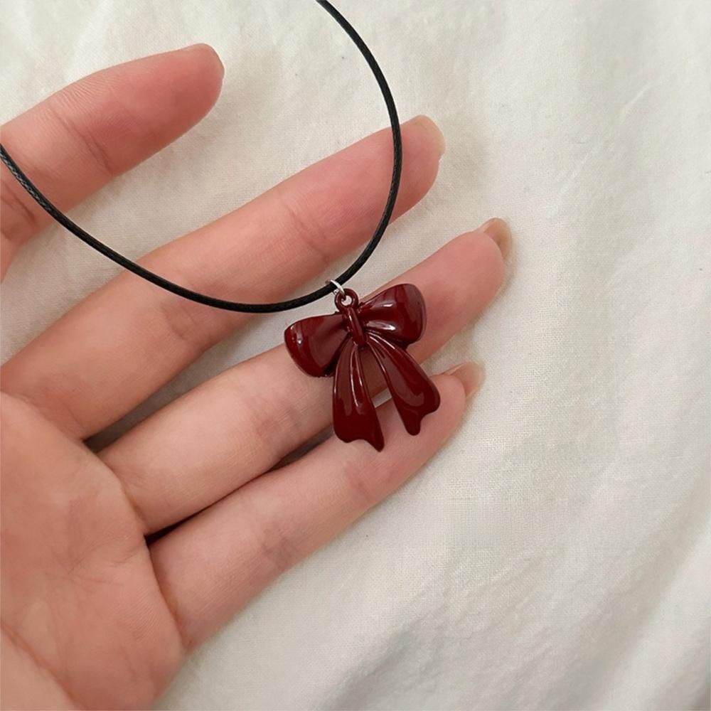 Leather Rope Clavicle Chain Bow Red Necklace Y2K Sweater Chain  For Women Girls