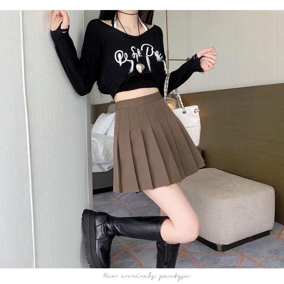 Women's High Waist Black Pleated A-line Skirt - Autumn Slimming Petite Midi
