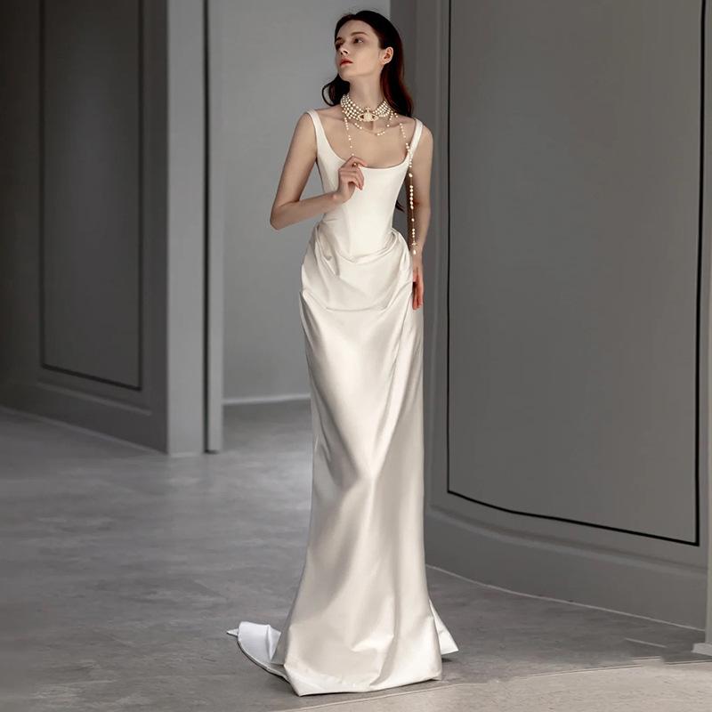 2025 Retro Satin Light Wedding Dress - Simple Spaghetti Strap Gown with Small Train