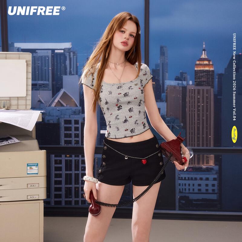 UNIFREE Retro Dog Print Square Neck T-Shirt M