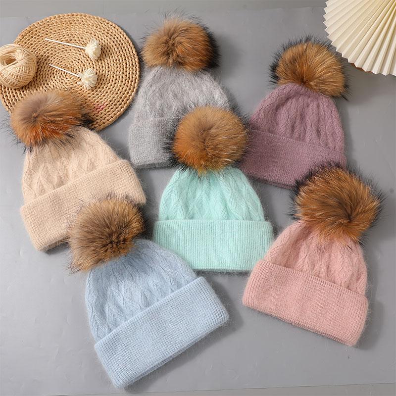New Natural Raccoon Fur Pompom Knit Hat For Women Warm Angora Rabbit Bonnet Women's Winter Fleece Hats Casual Female Caps