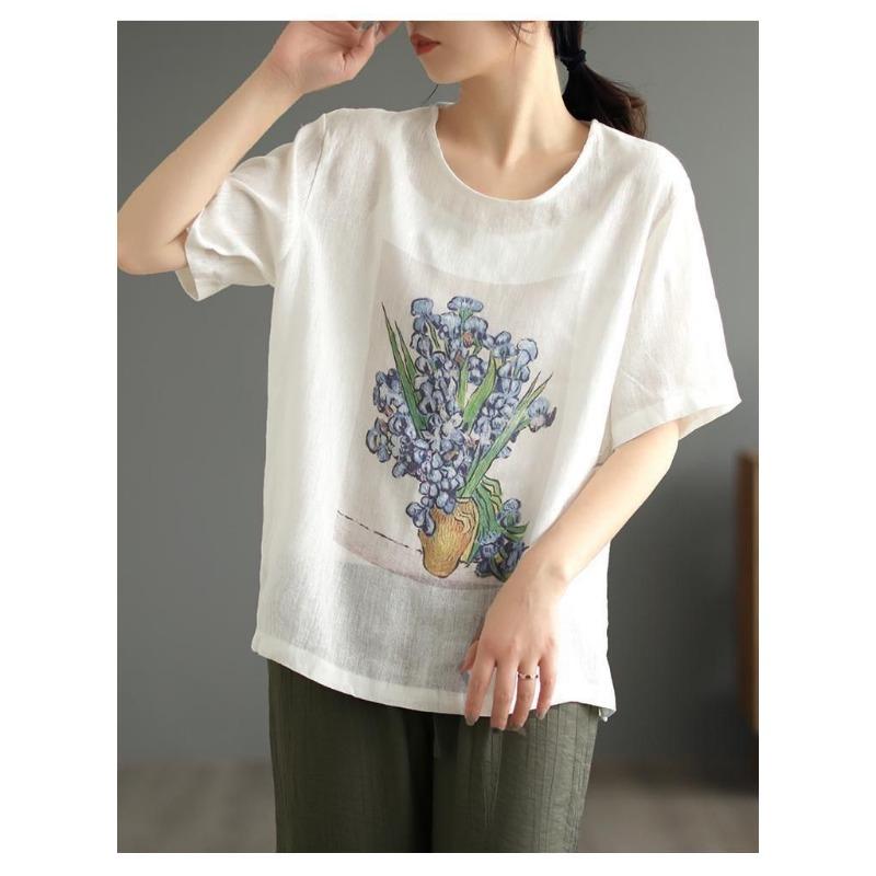 Cotton and Linen T-shirt Women's Short-sleeved Summer New Style Women's Top Loose Retro Printed Large Size