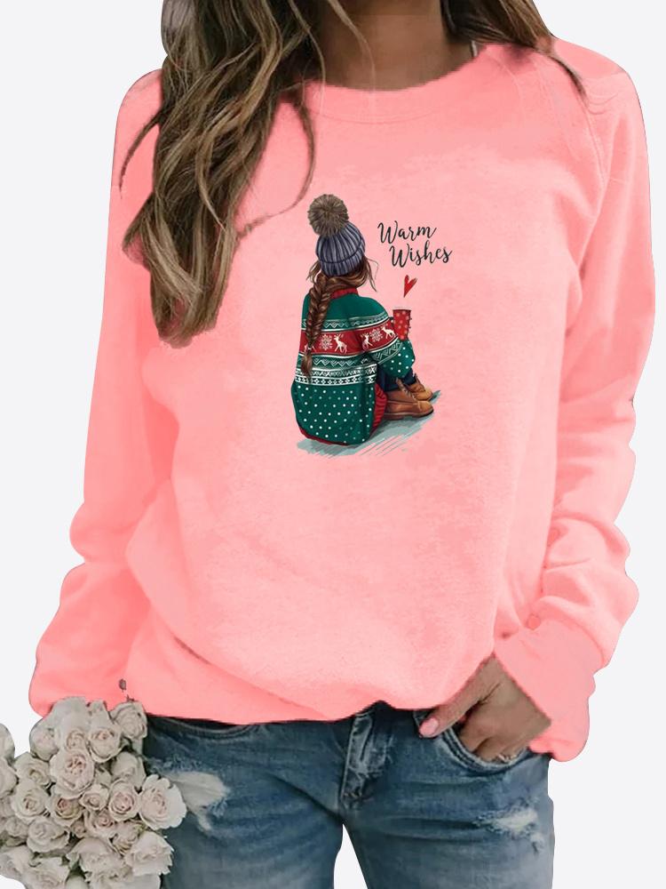 Women Autumn and Winter Clothing Christmas Deer Printed Casual Sweatshirt Long Sleeve Tops T-shirt Ladies Round Neck Pullover Blouse
