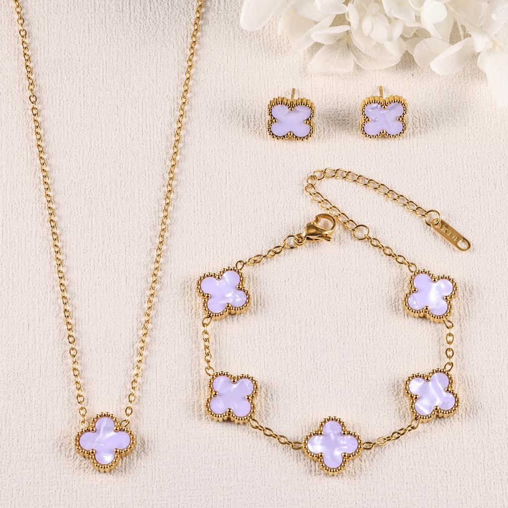 3PCS Clover 18K Gold Plated Necklace Bracelet Earnail Set Women's Light Luxury Colorful Fashion Accessories